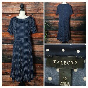 Talbots Dress 12 Navy Blue Polka Dot Fit & Flare Zip Back Stretch Short Sleeve